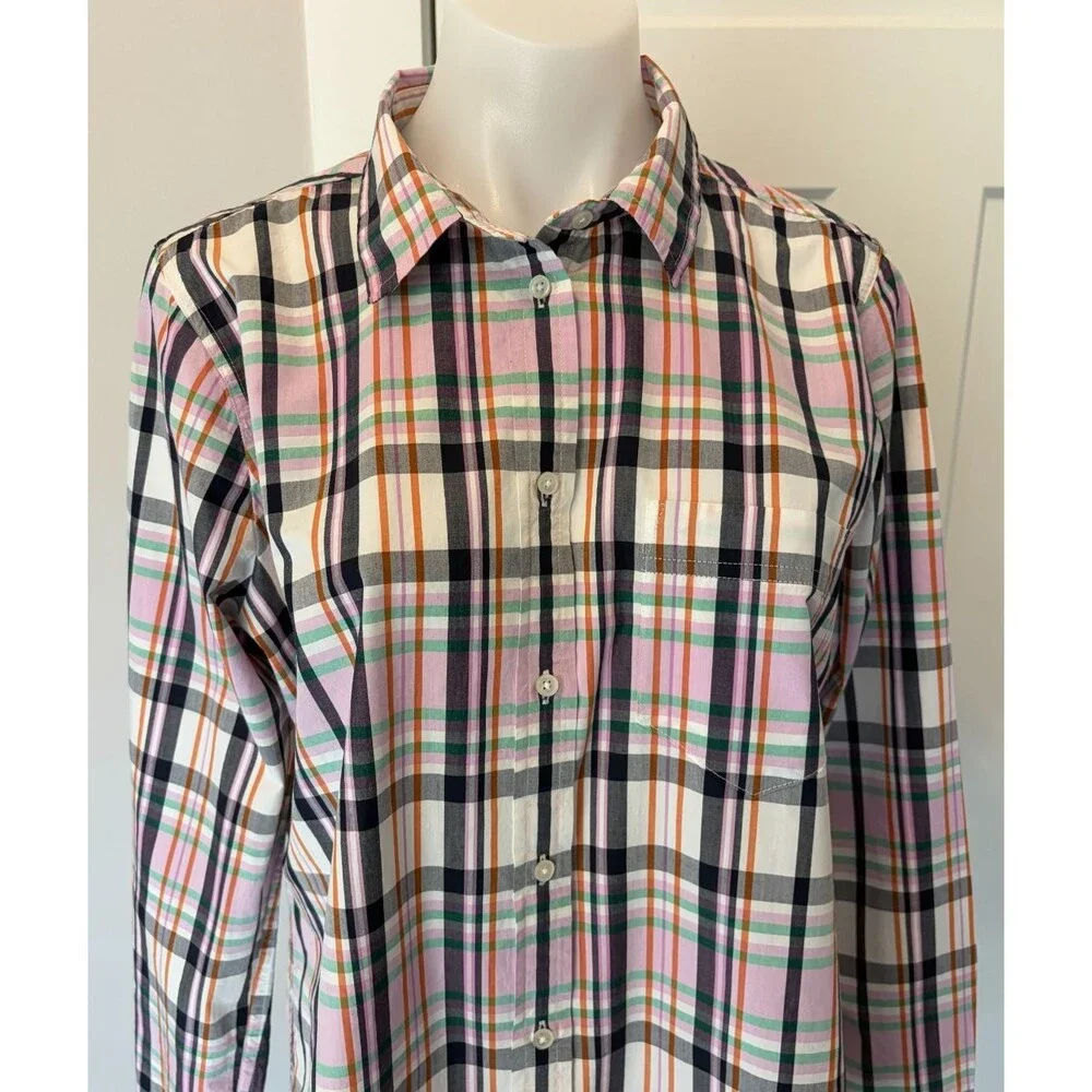 J CREW Womens Classic Button TOP Long Sleeve BLACK Lavender Green PLAID Size 12